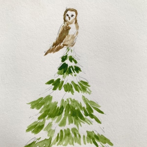 4x6 ORIGINAL ART mini watercolor sketch, owl and evergreen tree, holiday art