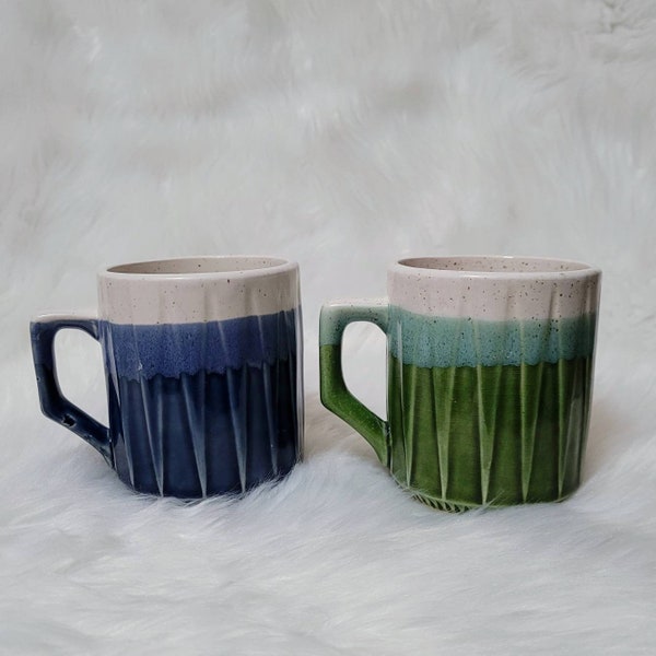 Vintage MCM Set of 2 Blue and Green Handpainted Glazed Ceramic Mugs Coffee Cups - Made in Japan