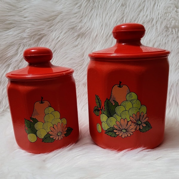 Set of 2 Vintage 70s Kromex Bright Orange Tin Lidded Canisters with Fruit Imagery