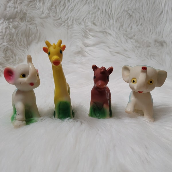 Vintage 1950s/60s Rubber Elephant, Giraffe, Donkey Squeaky Zoo Animal Toys - Set of 4