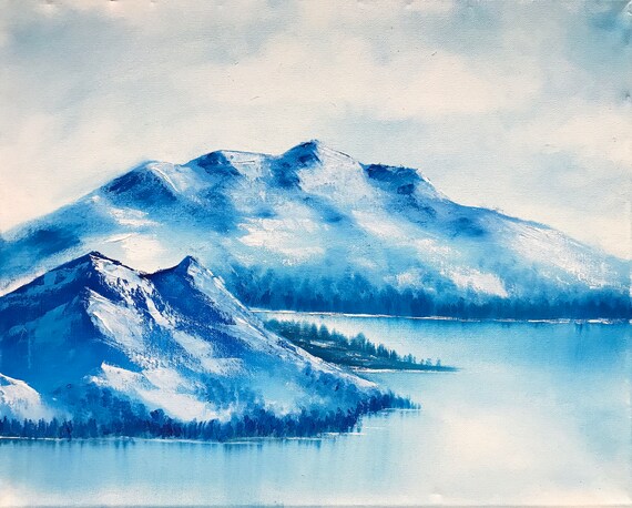 Blue Monochromatic Oil Mountain Painting | Etsy