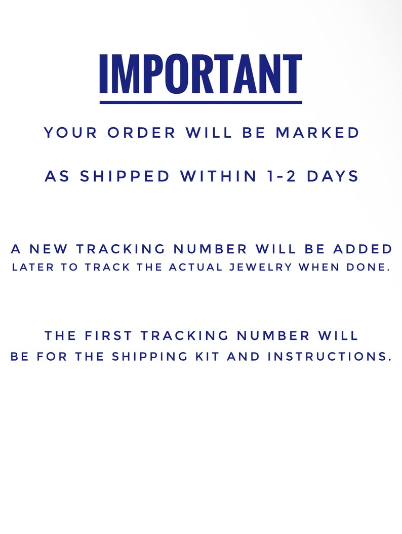 May include: White background with blue text. The word "IMPORTANT" is at the top. The text states that orders will be marked as shipped within 1-2 days, and a new tracking number will be added later.