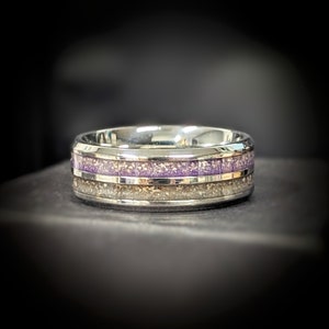 Memorial ring for pet ashes. Two channels for multiple pets or colors. Men and women sizes. Custom colors. Engraved. For fur and hair also.