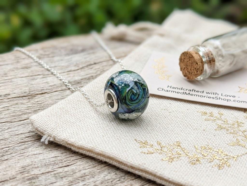Handmade Memorial Glass Cremation Ashes Necklace, Kelp Forest Bead, Eco-Friendly Keepsake