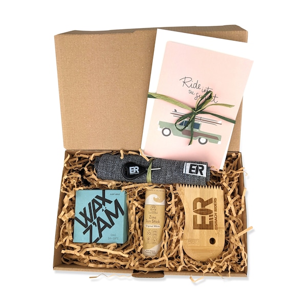 Surfer Eco-Friendly Gift Box with Sunscreen, Surf Wax & Comb, Fin Bag and Greeting Card - Surfing Christmas, Birthday Present