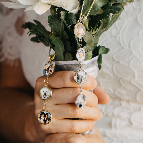 Ciondolo con più foto a forma di bouquet da sposa, ciondolo ricordo a forma di bouquet da sposa, regalo per addio al nubilato, ciondolo con spilla personalizzata a forma di bouquet