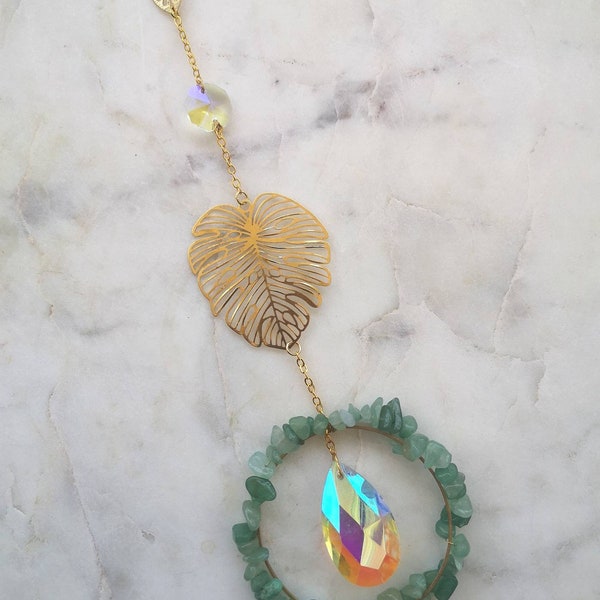 Suncatcher, sun catcher, gemstone, monstera, leaf, crystal, aventurine, green, light, ray, decoration, window, boho, Blancquartz, tiny