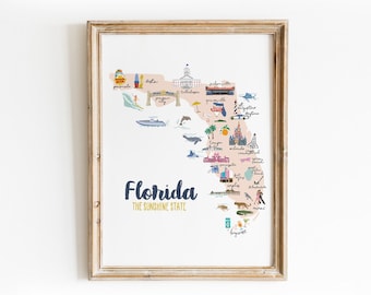 Impresión artística del mapa ilustrado del estado de Florida: ilustración dibujada a mano