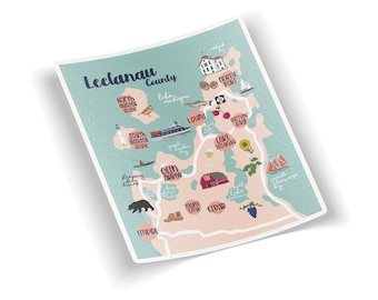 Pegatina artística del mapa del condado de Leelanau, Michigan