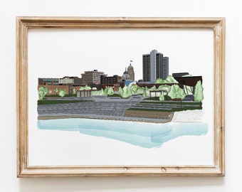 Impresión del arte de la ilustración del horizonte de Fort Wayne Indiana - Vista desde el parque Promenade