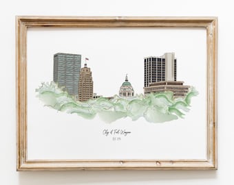 Impresión artística con ilustración del horizonte de Fort Wayne, Indiana