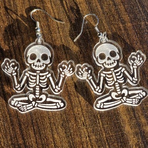 Skeleton Yoga Earrings – Hand-Painted Black Acrylic or Engraved Clear Acrylic, Spooky & Fun Halloween Jewelry
