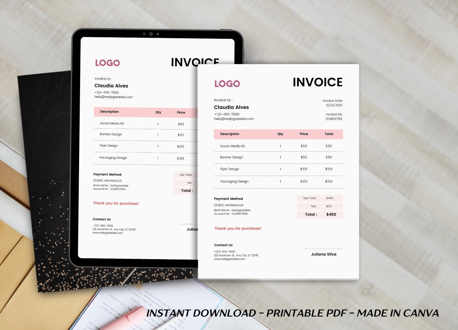 Pink and White Minimalist Invoice Editable Template, Custom Order Form ...