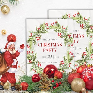 Christmas Party Invitation, Holiday Party Invitation Template, Red Flowers, Editable Floral Christmas Invitation, Modern Christmas card