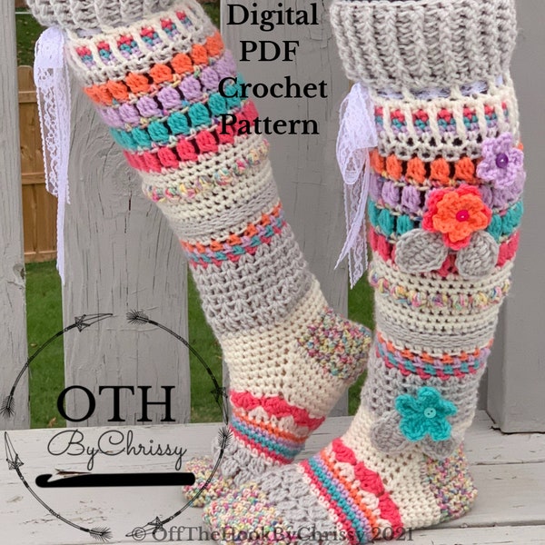 Knee High Sock Pattern, Crochet Thigh High Sock Pattern, Crochet Over The Knee Pattern, Crochet Sock Pattern,