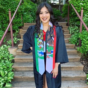 May include: A person wearing a black graduation gown and a stethoscope around their neck. They are standing on a set of wooden steps with green plants on either side. The person is wearing a sash with the Mexican flag on it.