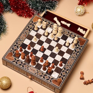 Wooden Chess Board with a Storage for the Pieces mosaic inlay with pearls Christmas gift.