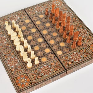 Clearance sale Wooden Chess set FREE BACKGAMMON PIECES Folding chess Board, with closing lid Mosaic handmade, Clearance sale image 1