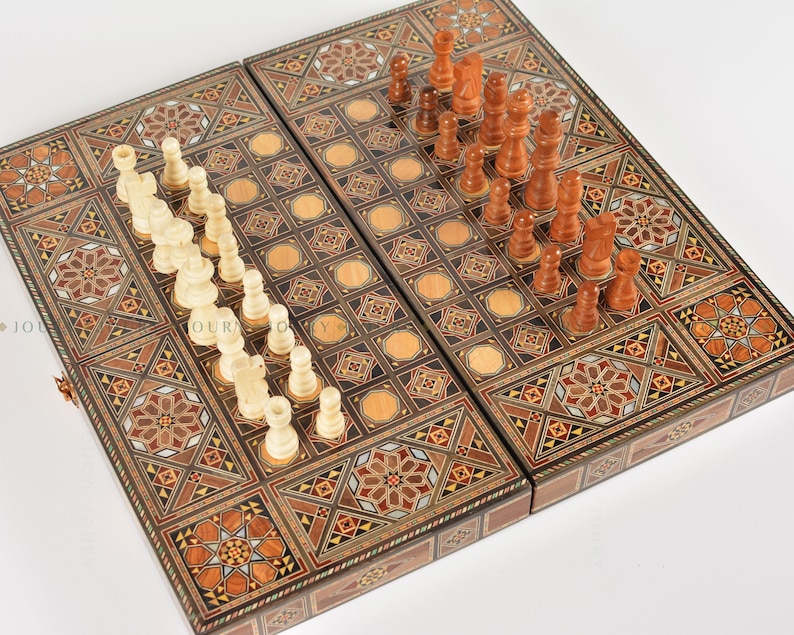 Clearance sale Wooden Chess set FREE BACKGAMMON PIECES Folding chess Board, with closing lid Mosaic handmade, Clearance sale image 1