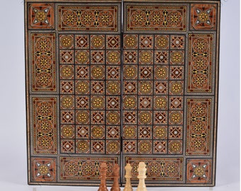 21" wooden Chess set & backgammon set handmade board hand inlay with mother of pearls Chess gift board