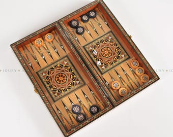 FLASH sale! Wooden Chess set- Free Backgammon Pieces -Folding chess Board, with closing lid Mosaic handmade, Christmas Gift