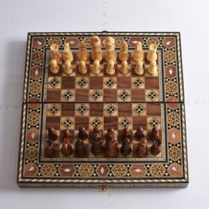 CLEARANCE SALE 12&quot; Chess Board and Backgammon Board Foldable Comes With chess set and backgammon set of pieces included inlay with pearls.