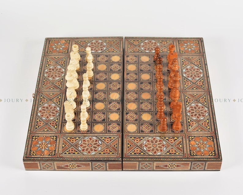 Clearance sale Wooden Chess set FREE BACKGAMMON PIECES Folding chess Board, with closing lid Mosaic handmade, Clearance sale image 2