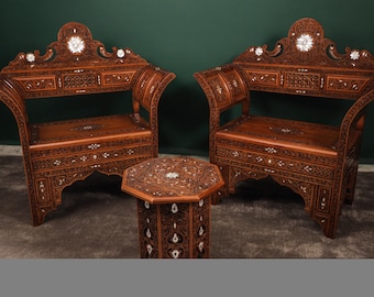 Handcrafted Wooden Living Room Set: 2 Chairs, 1 Sofa & 1 Table with Mother of Pearl Inlay - Elegant Home Decor FREE SHIPPING