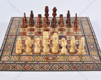 CLEARANCE SALE Chess set And Backgammon Set Folding Chess Board with a Storage for the Pieces mosaic inlay with pearls Christmas gift.