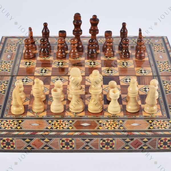 CLEARANCE SALE Chess set And Backgammon Set Folding Chess Board with a Storage for the Pieces mosaic inlay with pearls Christmas gift.