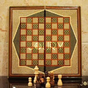 Folding Chess set, backgammon set - 2 in 1 - inlay with copper - wooden chess board - Mosaic - Marquetry - Handmade - Christmas gift