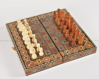 Luxury Backgammon Board, HQ Chess and Backgammon Set, 12 inches solid Wooden Backgammon, Handmade Chess Board inlaid mother of pearl