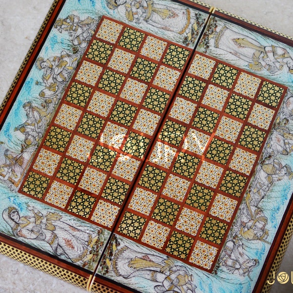 Schaken - backgammon set - 14" schaakbord - houten schaakbord - mozaïek - marqueterie - moeder van de parel inlay - handgemaakte - marqueterie - Gift