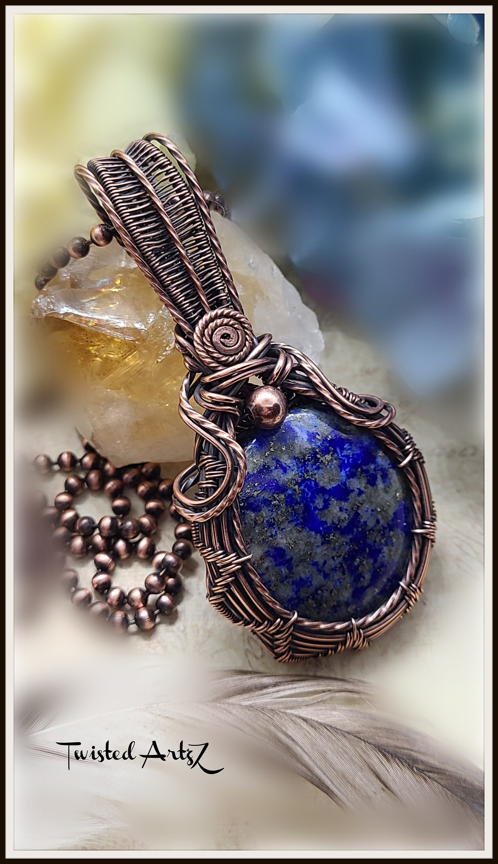 Lapis, Lapis Lazuli,Lazurite Stone, Copper Wire Wrapped Pendant, Copper Bead Chain Necklace, Intricate Wire Weave Lapis Lazuli