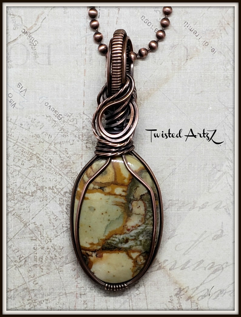 American Picture Jasper,Scenic Landscape,Copper Wire Wrapped Pendant