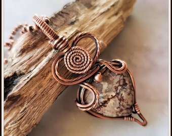 Sonora Dendritic Jasper Copper Wire Wrapped Heart Pendant: Antiqued Necklace