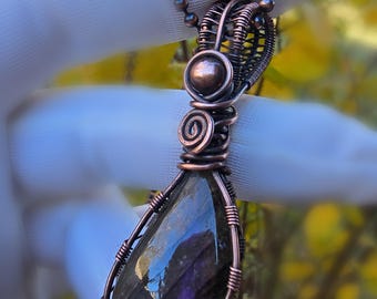 Purple Labradorite, Wire Wrapped Copper Pendant, Handmade, One of a Kind