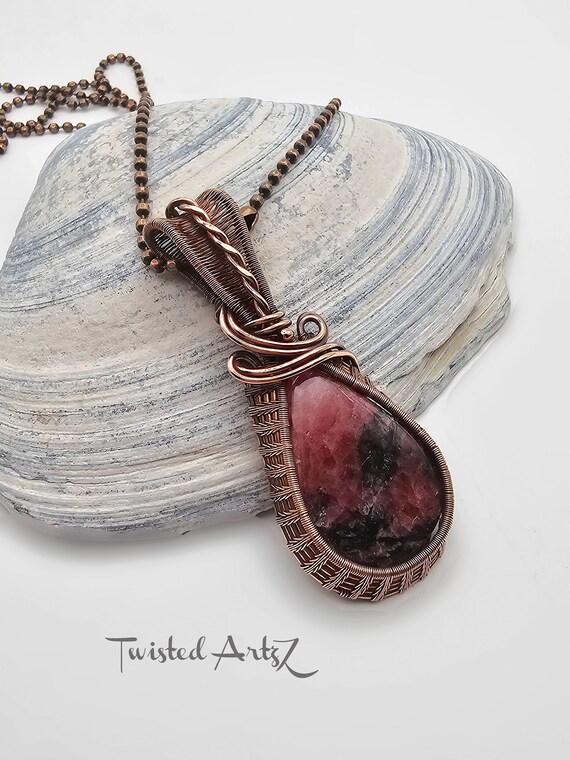Rhodonite Crystal Pendant, Copper Wire Wrap Necklace, Wire Weave Jewelry