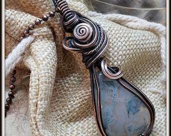 Moss Agate Copper Wire Wrapped Pendant