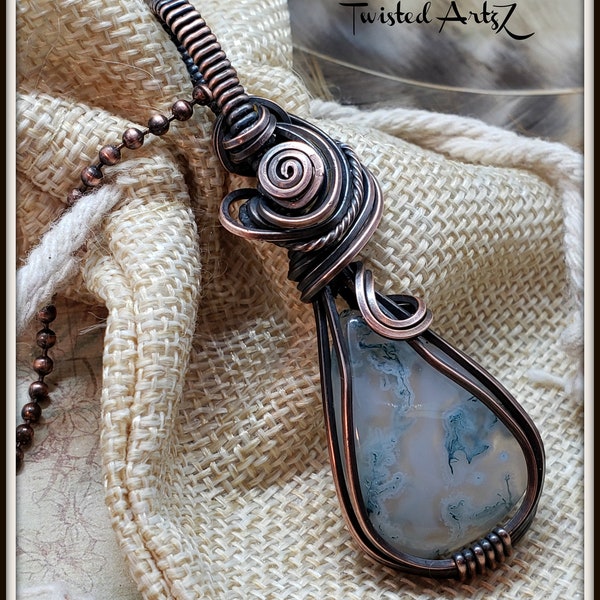Moss Agate Copper Wire Wrapped Pendant