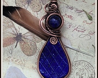 Lapis Lazuli Pendant, Copper Wire Wrapped Lapis Necklace, Bohemian Gift, Artisan Handmade Jewelry, Carved Lapis Wire Wrapped Pendant