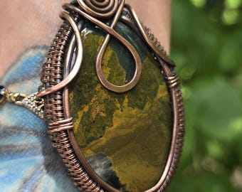 Ocean Jasper, Statement Pendant, Earthy, Boho Jewelry, Copper Wire Wrap