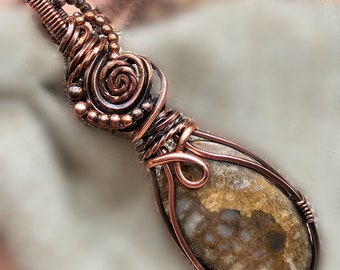 Coral Fossil Pendant, Copper Wire Wrapped Necklace