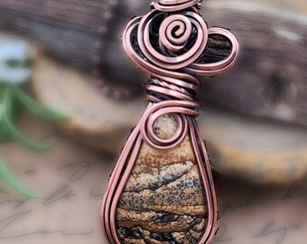Scenic Picture Jasper, Wire-wrapped pendant. Copper Wire, Necklace.