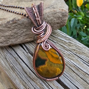 May include: A teardrop-shaped pendant with a copper wire wrap and a brown, yellow, and green agate stone. The pendant is hanging from a copper chain.