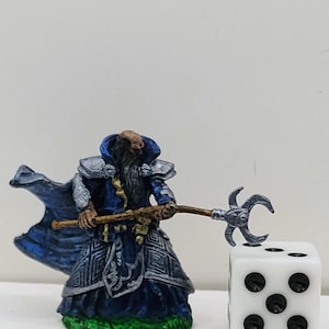 Indigo Cloaked Human Wizard Miniature: Silver Armor, Crescent Staff