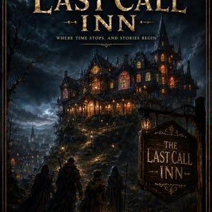 May include: A D&D one-shot adventure book cover titled The Last Call Inn. The artwork depicts a dark, gothic inn on a hill under a full moon, with four figures approaching it. The text reads: The Last Call Inn, Where time stops. And stories begin.