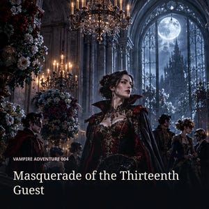May include: A digital book cover titled Other Worlds Gaming, Vampire Adventure 004, Masquerade of the Thirteenth Guest, written by Melissa English. It features a central figure in a red and black gown at a ballroom event with chandeliers and a full moon.
