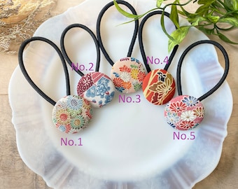 Cute Japanese kimono silk fabric Hair tie, Elastic, hair accessories, covered button, wagara flower pattern, handmade