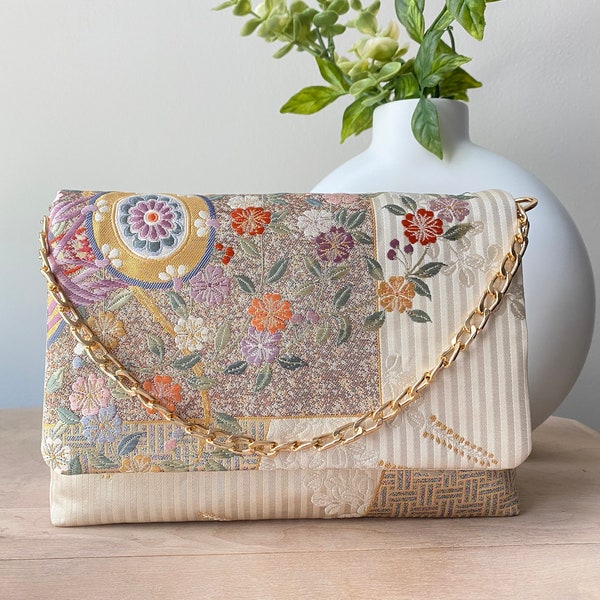 Beautiful handbag/Clutch bag with chain, Vintage Japanese Kimono Obi silk, floral pattern, White, Gold and Multi color, Handmade